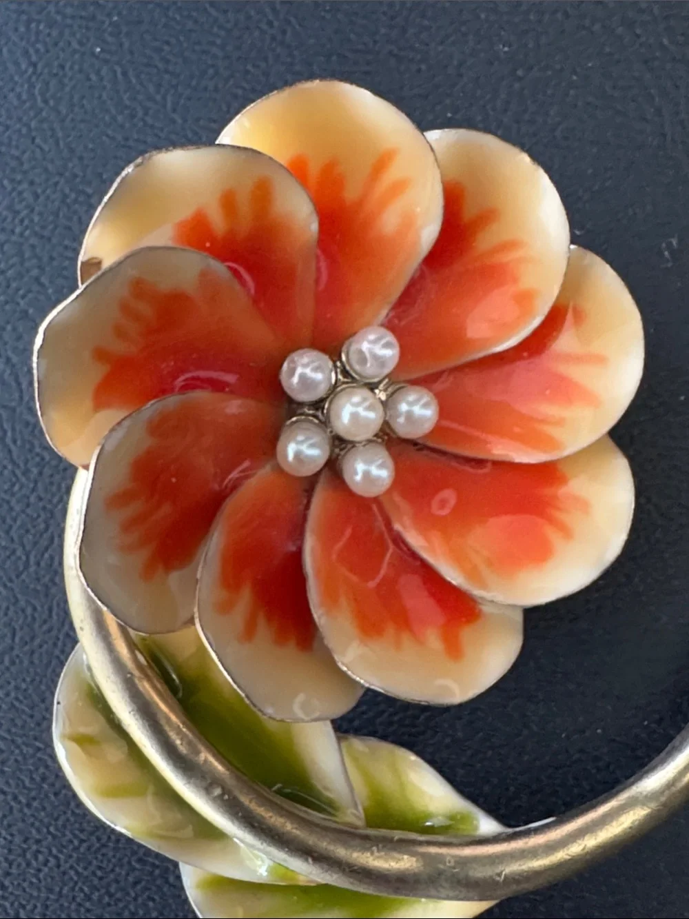 VTG Liz Claiborne Signed LC Orange Enamel Flower Brooch Pin Faux Pearl